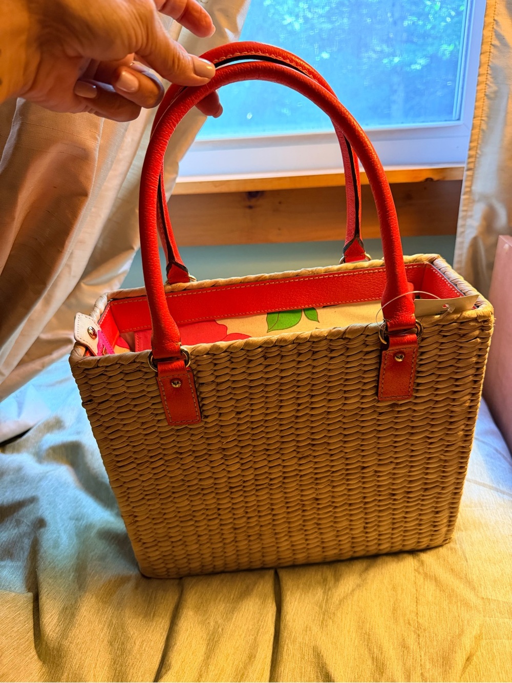kate spade Straw Tote with Bright Red Handles - Picture 2 of 3